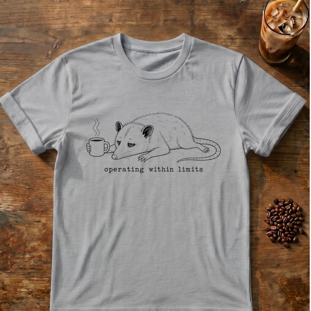 Opossum coffee graphic for Possum operating within limits on sport-grey T-shirt
