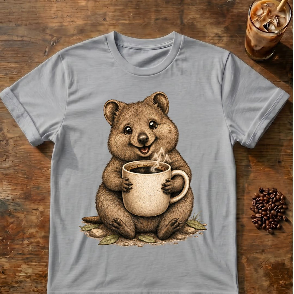 Quokka coffee graphic on a Sport Gray T-shirt