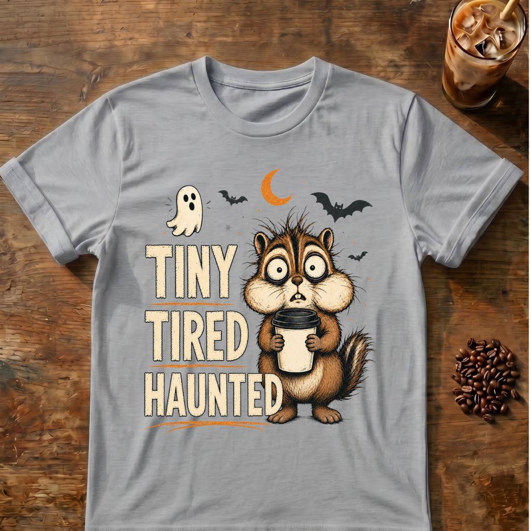 Chipmunk coffee graphic for Tiny Tired Haunted Chipmunk on sport-grey T-shirt