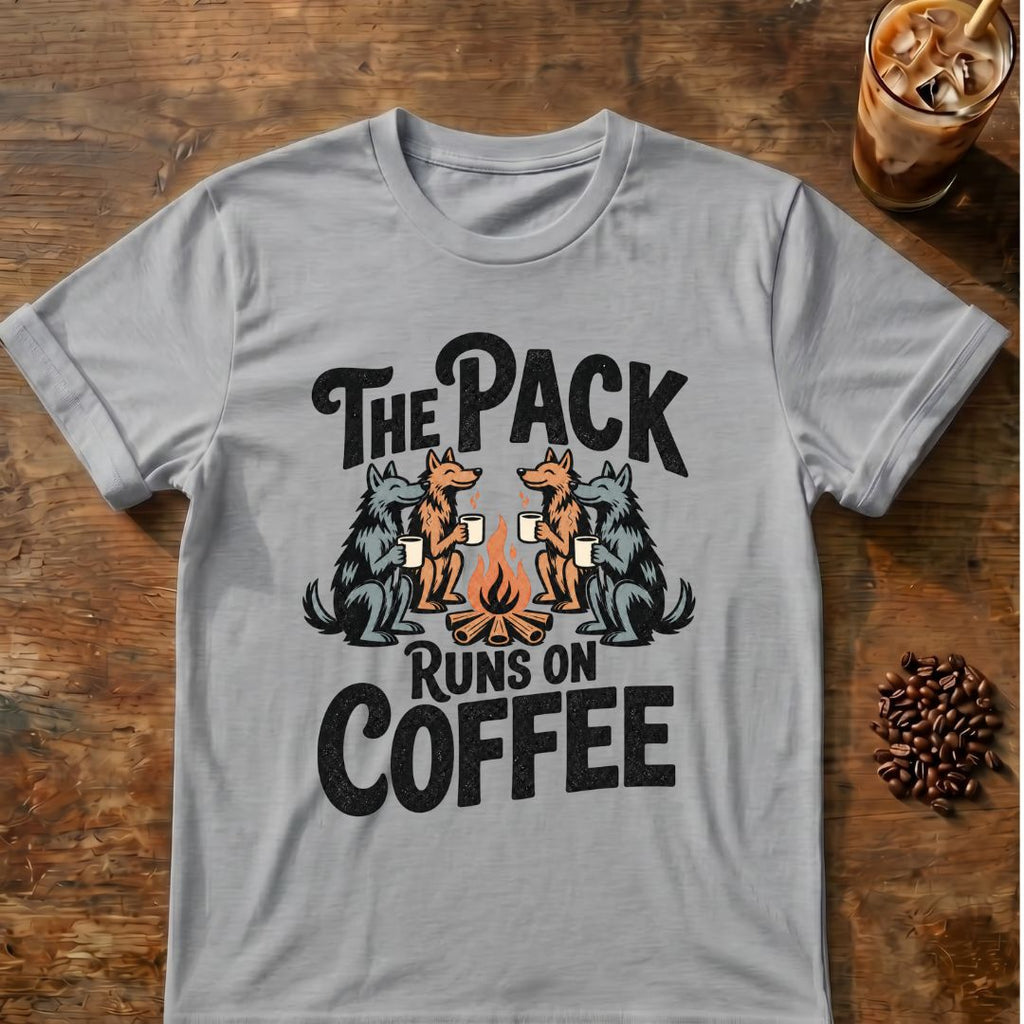 Pack Runs on Coffee graphic on a Sport Gray T-shirt