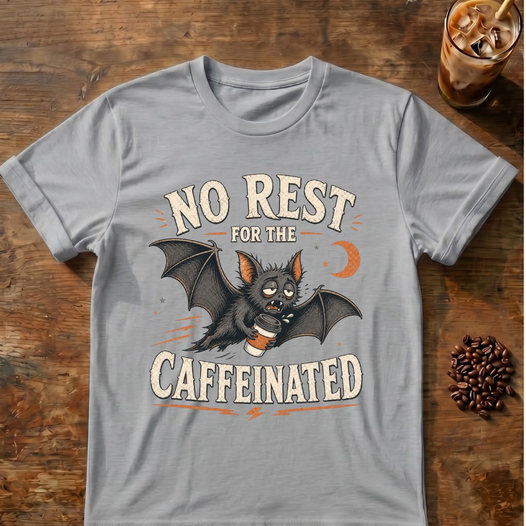 Bat coffee graphic for No Rest Bat on sport-grey T-shirt