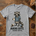 Raccoon coffee graphic on a Sport Gray T-shirt