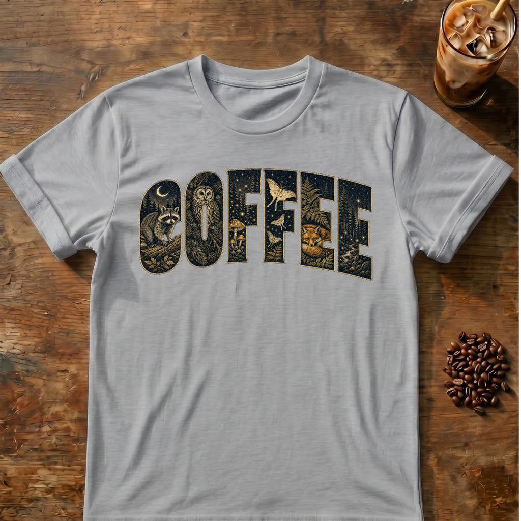 Large COFFEE lettering filled with moonlit woodland scenes featuring a raccoon, owl, fox, moths, mushrooms, ferns and pine trees