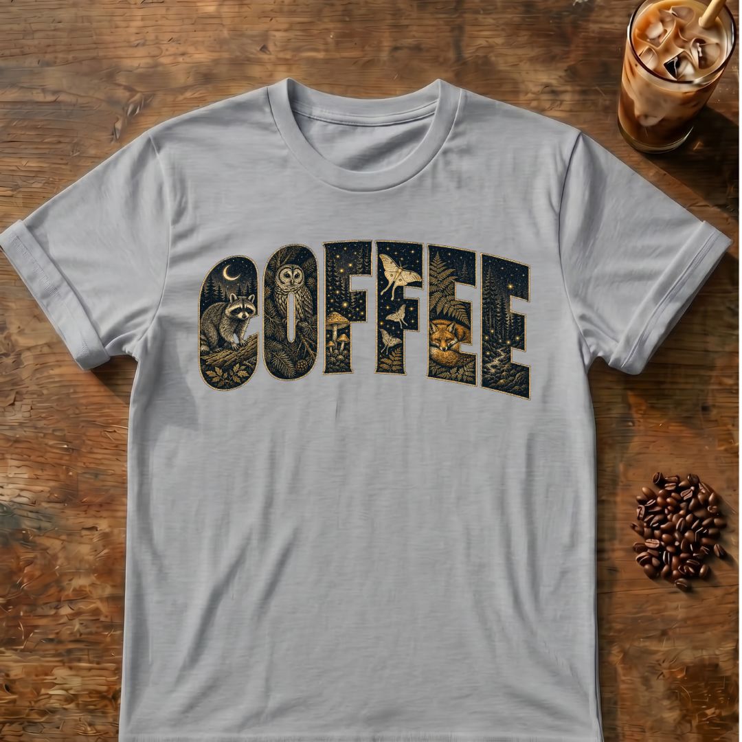 Large COFFEE lettering filled with moonlit woodland scenes featuring a raccoon, owl, fox, moths, mushrooms, ferns and pine trees