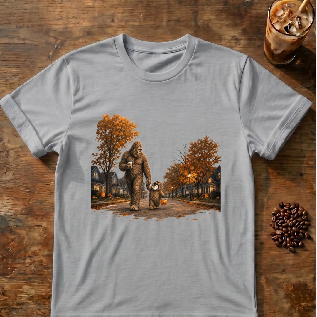 Coffee graphic for Bigfoot Trick-or-Treat Halloween on sport-grey T-shirt