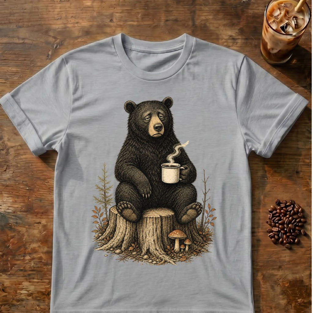 Bear coffee graphic for Sleepy Bear Coffee on sport-grey T-shirt