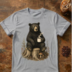 Bear coffee graphic for Sleepy Bear Coffee on sport-grey T-shirt