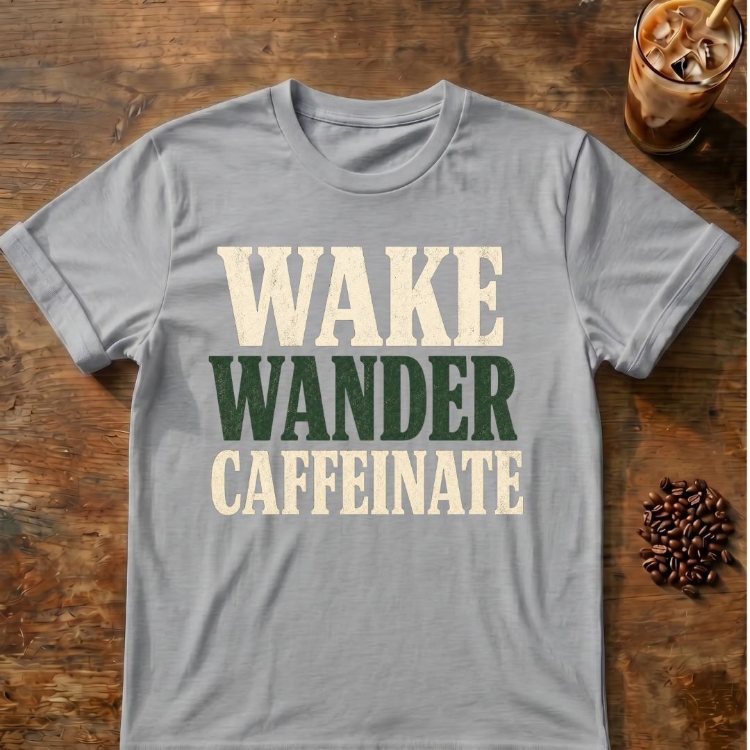 Coffee graphic for Wake Wander Caffeinate on sport-grey T-shirt