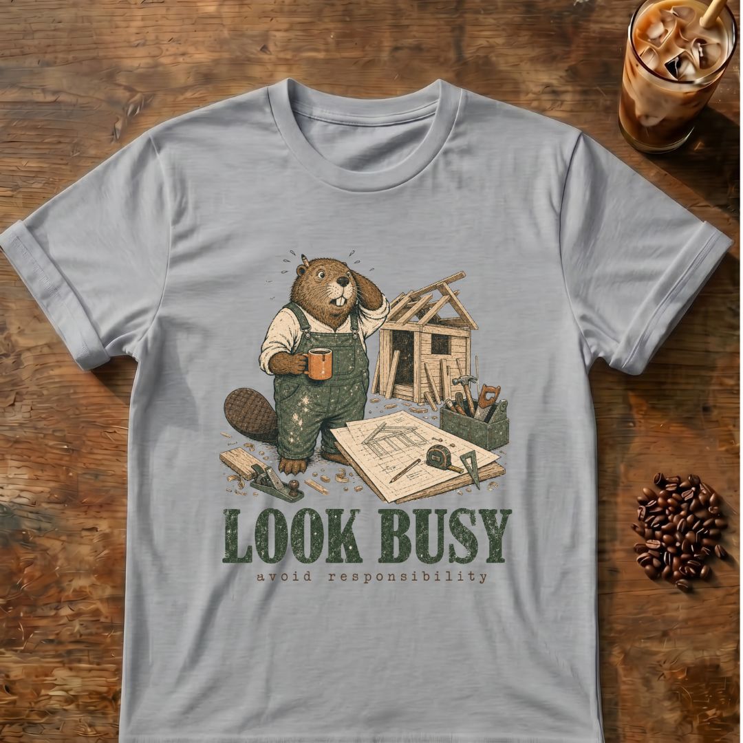 Beaver coffee graphic for Look Busy Beaver on sport-grey T-shirt