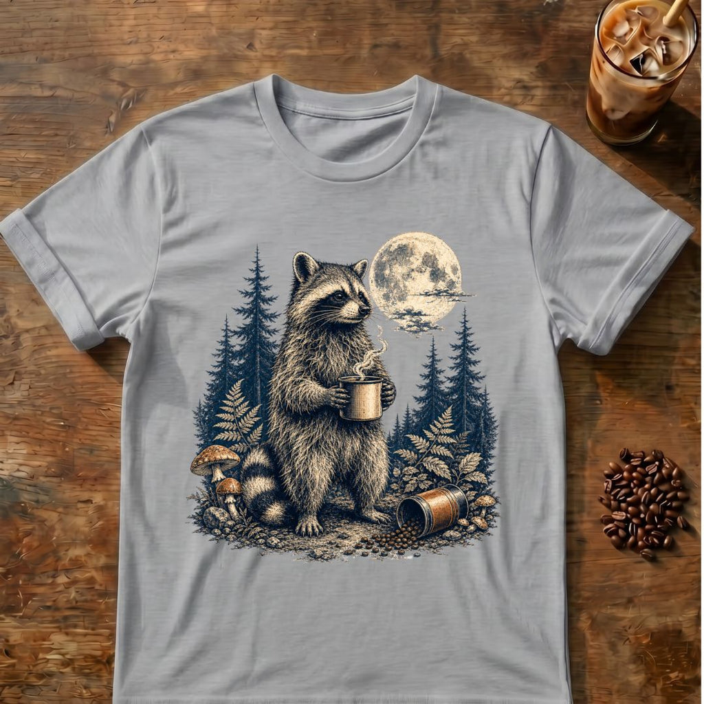 Raccoon coffee graphic for Moonlit Raccoon Coffee on sport-grey T-shirt