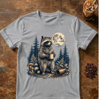 Raccoon coffee graphic for Moonlit Raccoon Coffee on sport-grey T-shirt