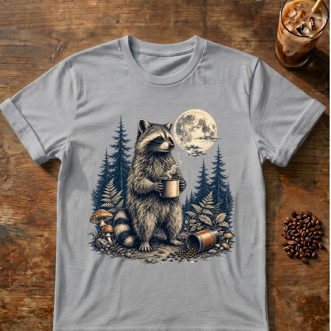 Raccoon coffee graphic for Moonlit Raccoon Coffee on sport-grey T-shirt