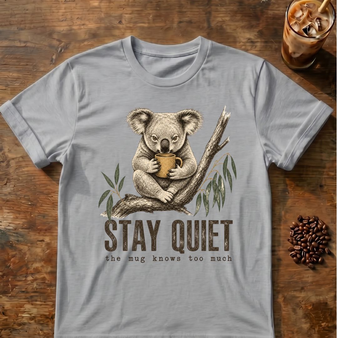 Koala coffee graphic for Stay Quiet Koala on sport-grey T-shirt