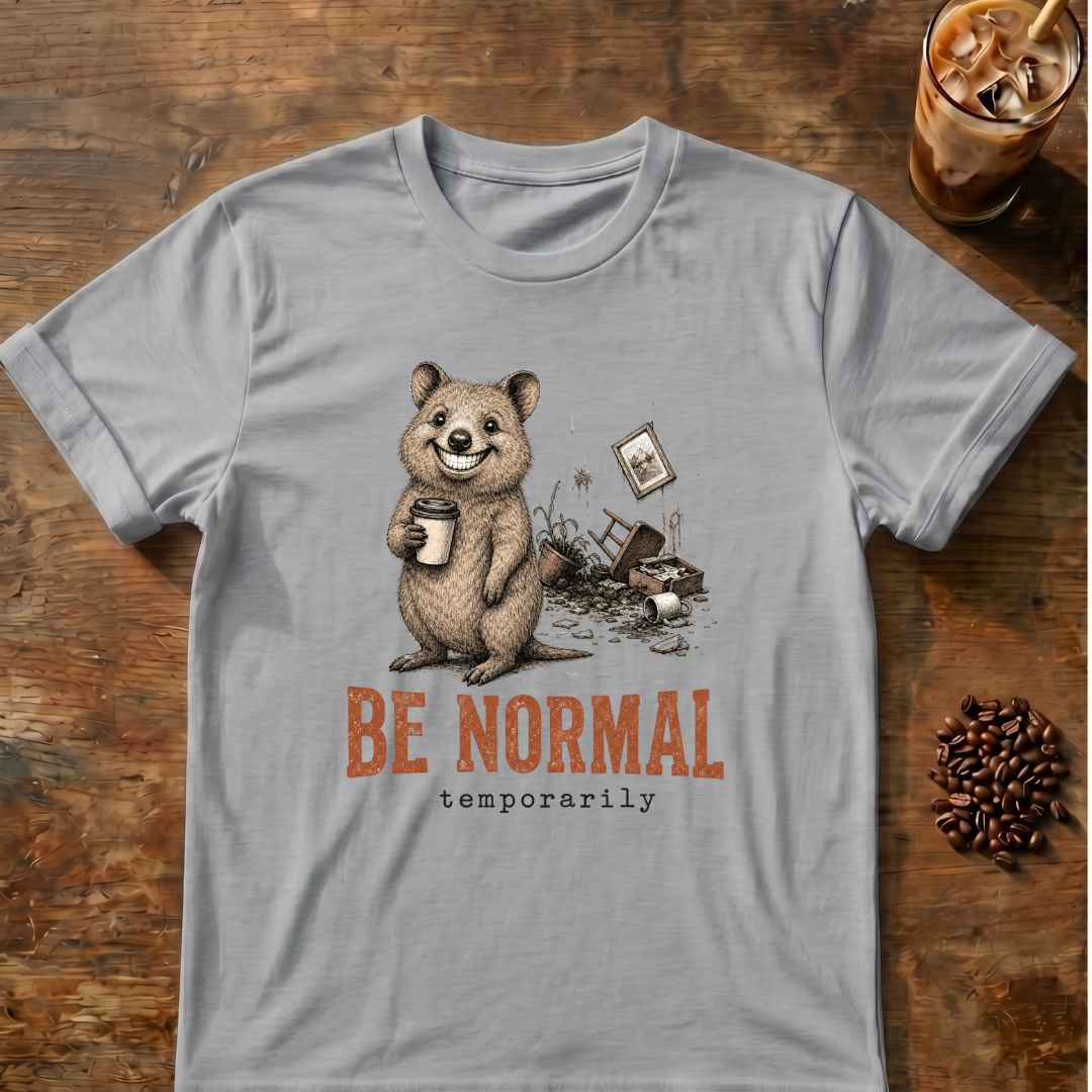 A light gray crewneck t-shirt laid flat on a rustic wooden table, featuring a graphic of a cute cartoon wombat holding a coffee cup next to a broken picture frame, with the text 'BE NORMAL temporarily' printed below. Coffee beans and an iced coffee are styled as props in the corner.
