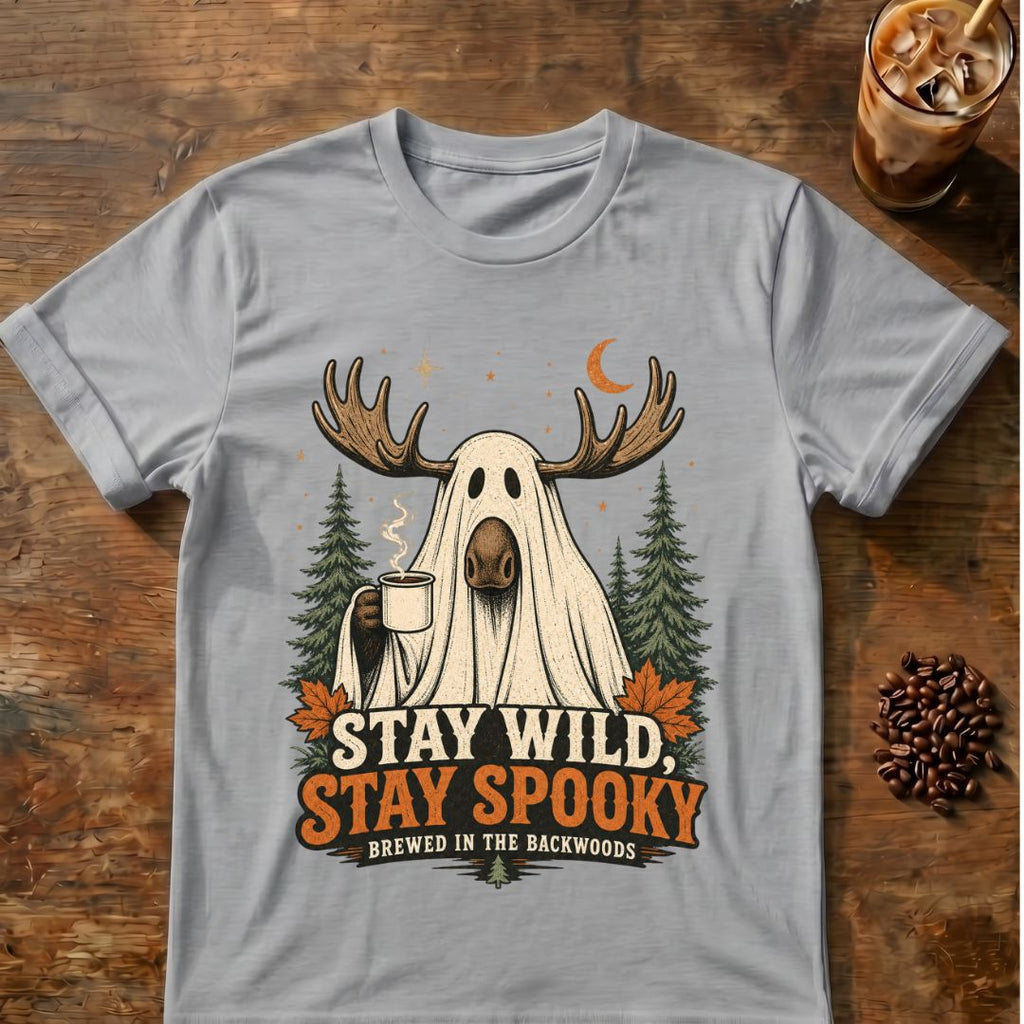 Moose coffee graphic for Stay Wild Stay Spooky Moose on sport-grey T-shirt