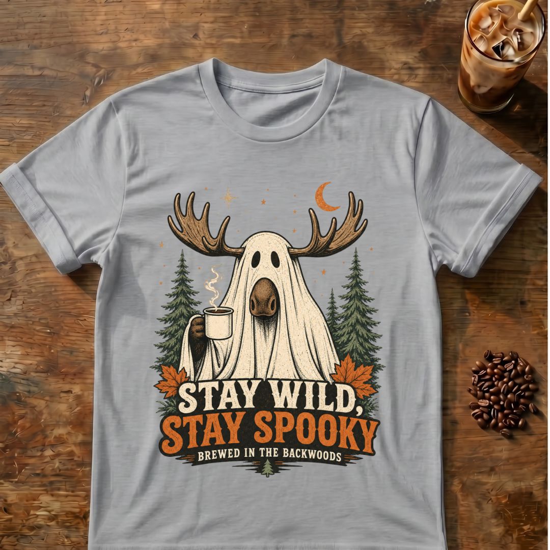 Moose coffee graphic for Stay Wild Stay Spooky Moose on sport-grey T-shirt