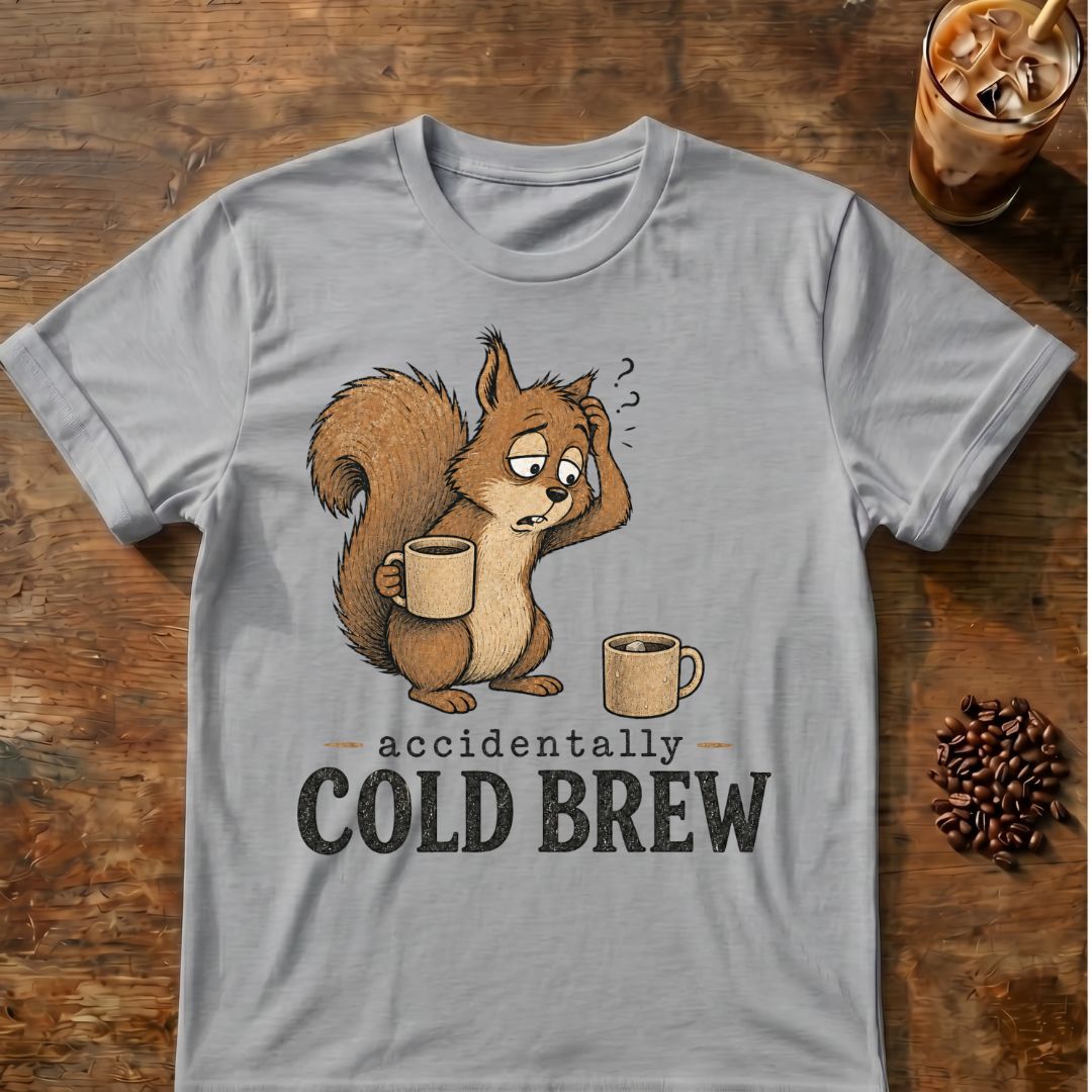Cold brew squirrel coffee graphic on a Sport Gray T-shirt