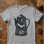 Owl coffee graphic for Moonlit Woodland Coffee Pot on sport-grey T-shirt