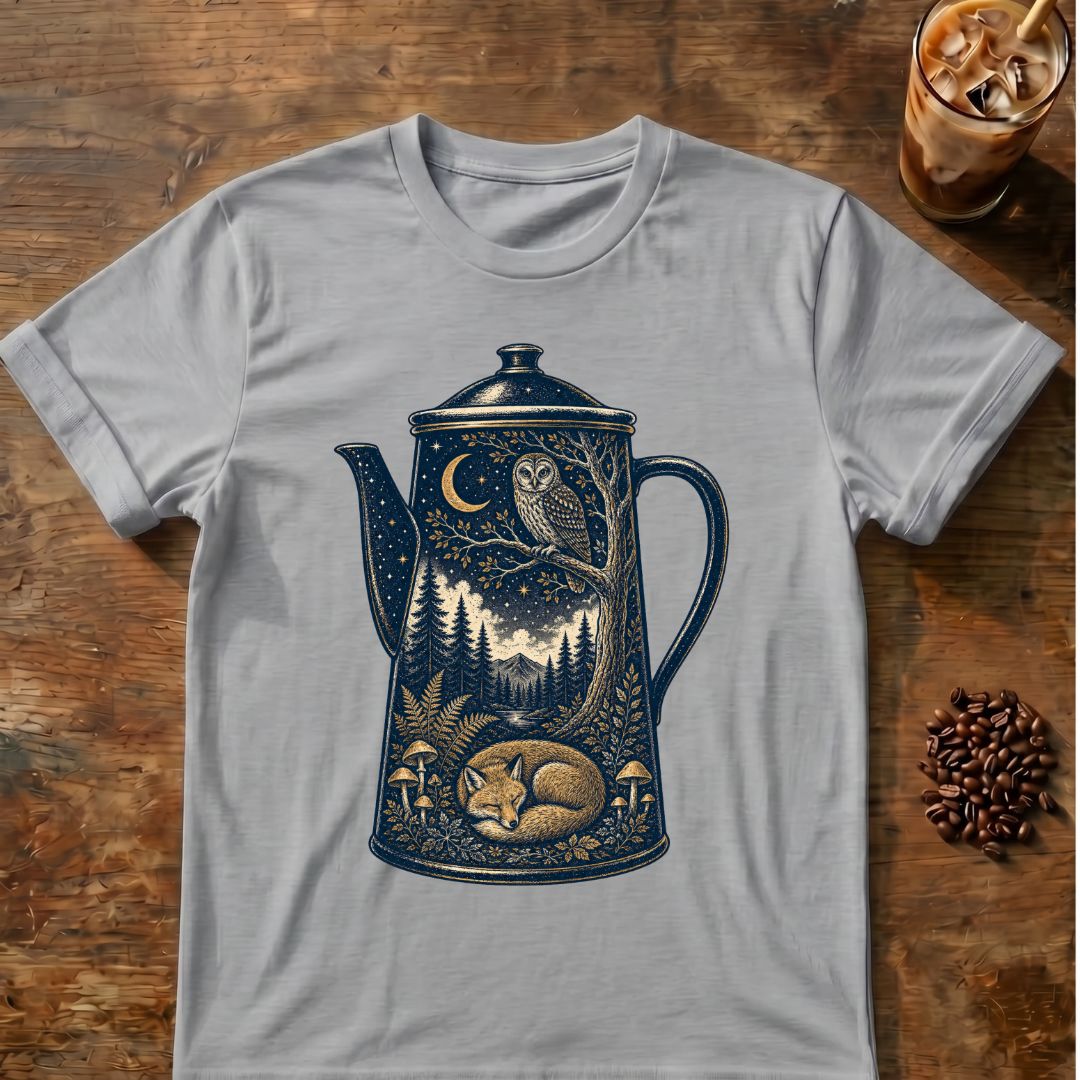 Owl coffee graphic for Moonlit Woodland Coffee Pot on sport-grey T-shirt
