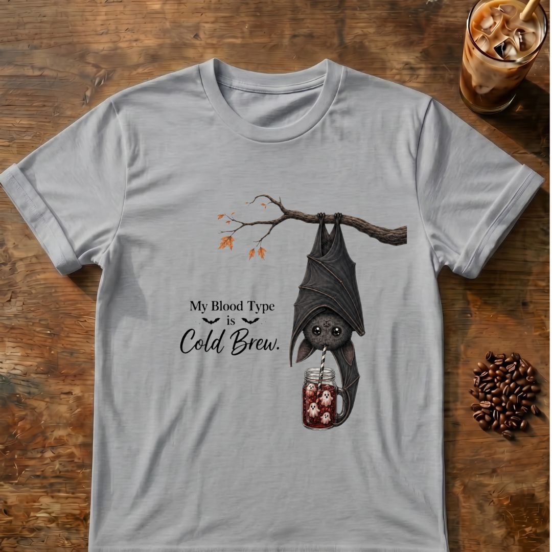 Bat coffee graphic for My Blood Type Is Cold Brew Bat on sport-grey T-shirt