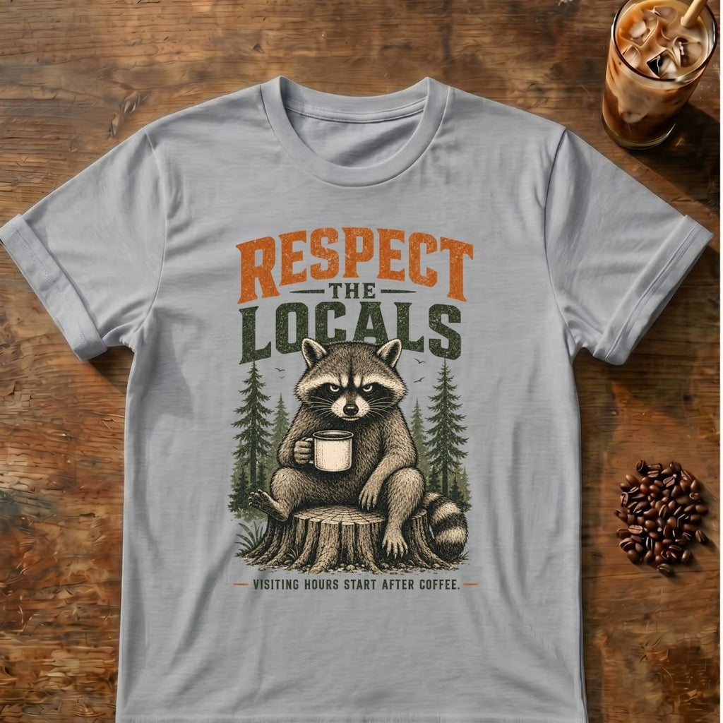 Raccoon coffee graphic for Respect the Locals Raccoon on sport-grey T-shirt