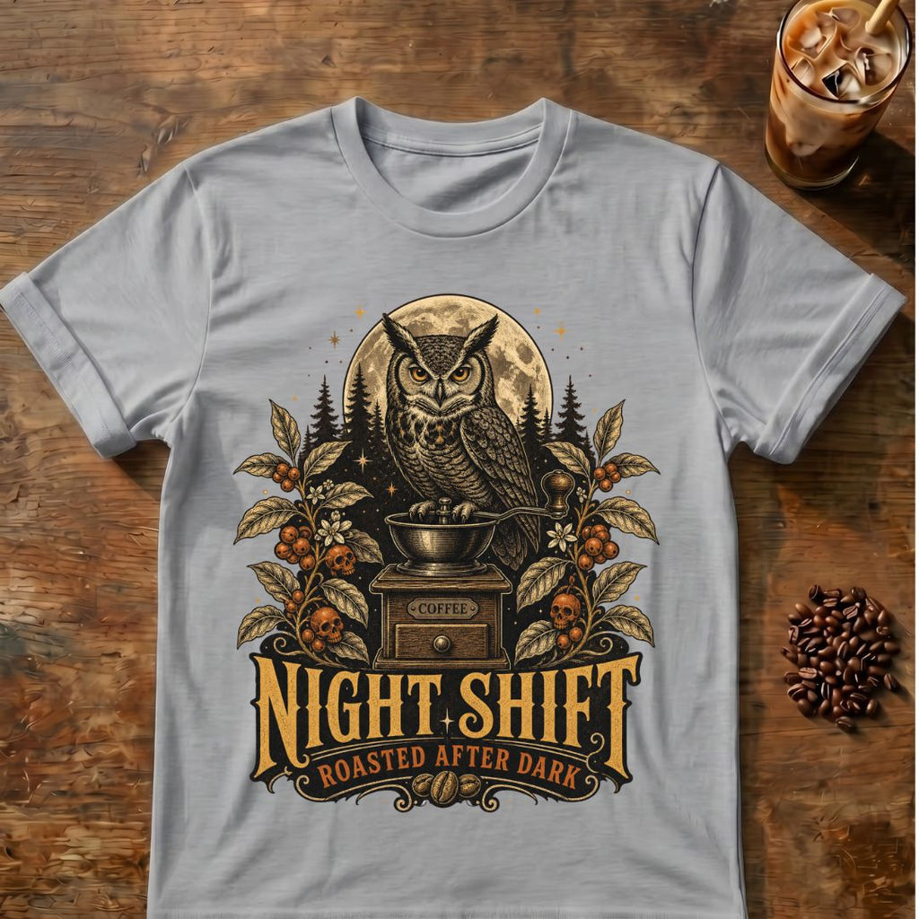 Owl coffee graphic for Night Shift Owl Coffee on sport-grey T-shirt