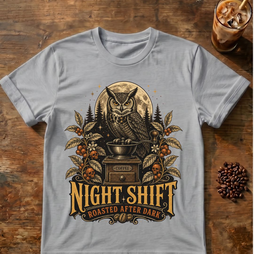 Owl coffee graphic for Night Shift Owl Coffee on sport-grey T-shirt