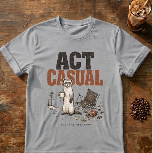A light gray crewneck t-shirt with a graphic print of a standing ferret holding a mug next to a folding camp chair, with the text 'ACT CASUAL' above it. The shirt is displayed flat on a rustic wooden table with coffee beans and an iced coffee in the background.