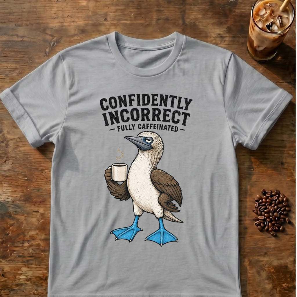Blue-footed booby “Confidently Incorrect” graphic on a Sport Gray T-shirt
