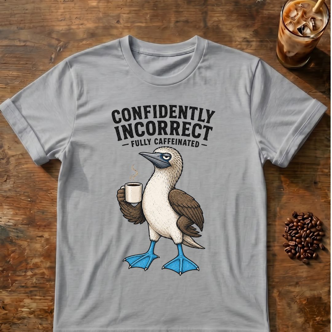 Blue-footed booby “Confidently Incorrect” graphic on a Sport Gray T-shirt
