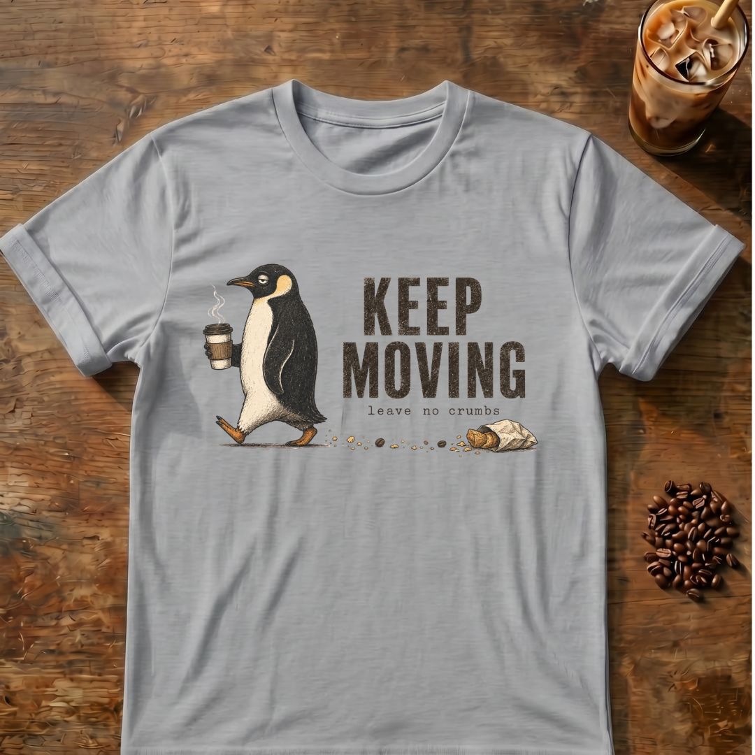Penguin coffee graphic for Keep Moving Penguin on sport-grey T-shirt