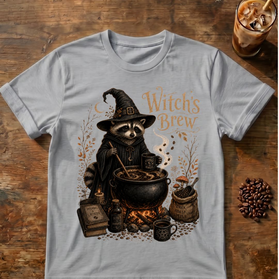 Raccoon coffee graphic for Witch's Brew Raccoon Coffee on sport-grey T-shirt