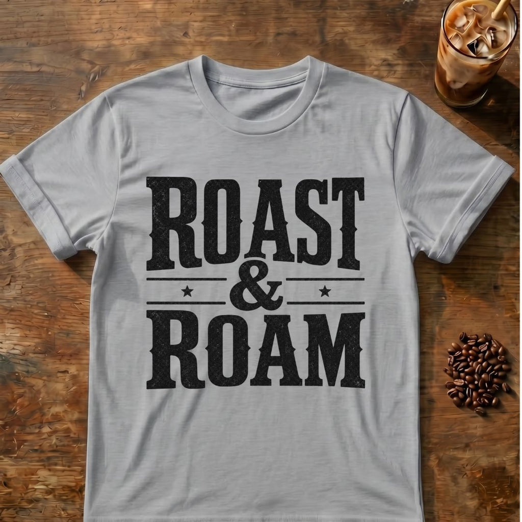 Cat coffee graphic for Roast and Roam on sport-grey T-shirt