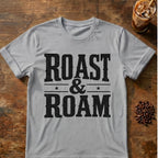 Cat coffee graphic for Roast and Roam on sport-grey T-shirt