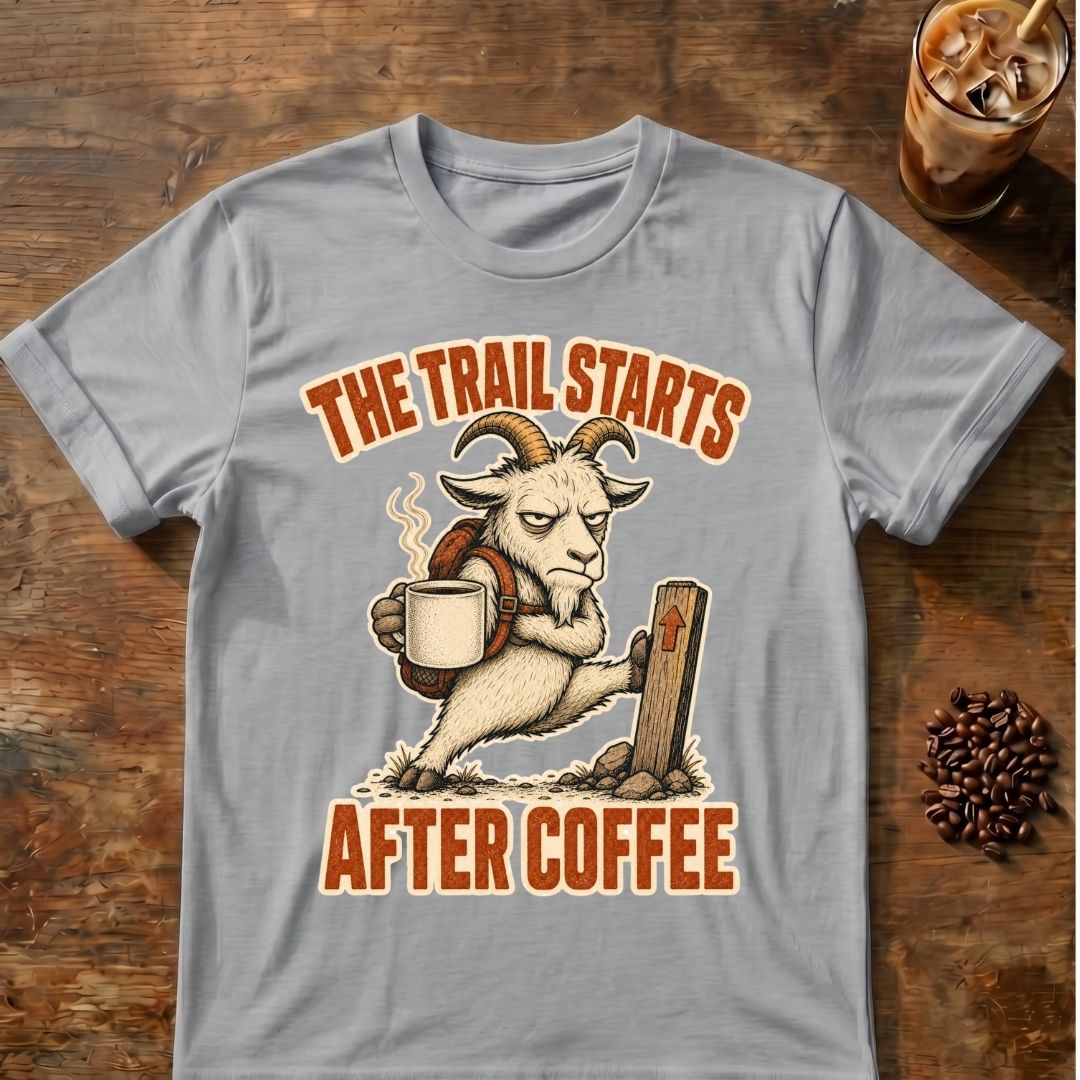 Goat coffee graphic for Trail Starts on sport-grey T-shirt