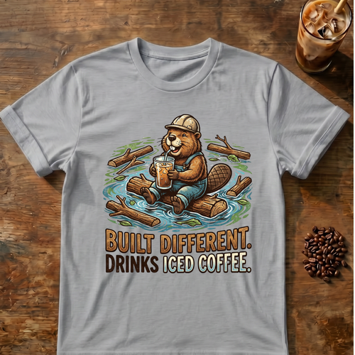 Beaver “Built Different” iced coffee graphic on a Sport Gray T-shirt