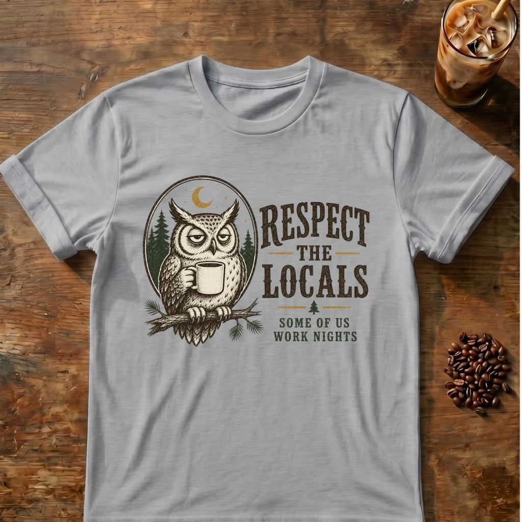 Owl coffee graphic for Respect the Locals Owl on sport-grey T-shirt