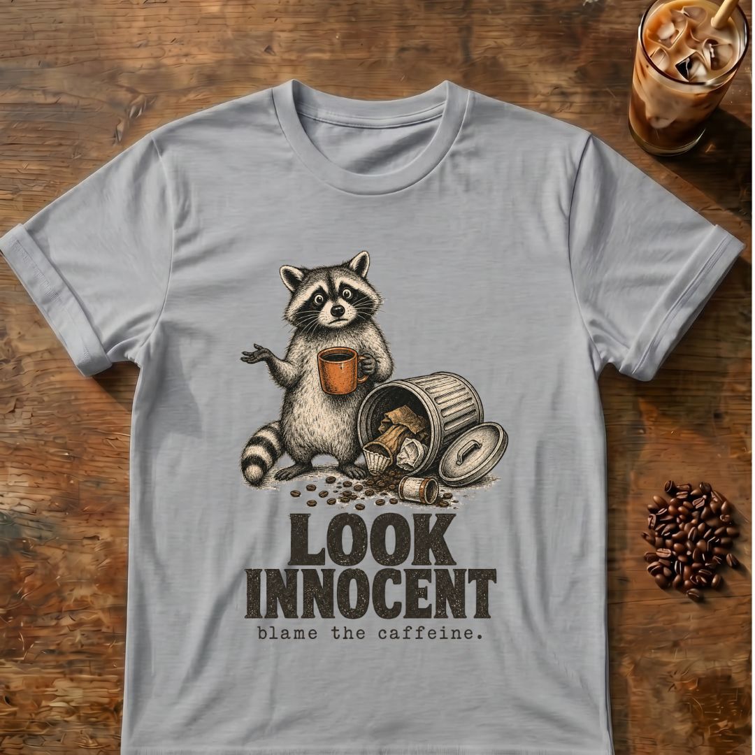 Raccoon coffee graphic for Look Innocent Raccoon on sport-grey T-shirt
