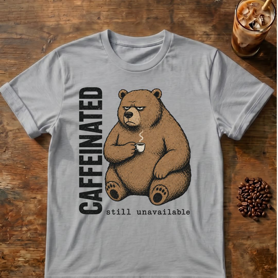 Caffeinated bear coffee graphic on a Sport Gray T-shirt