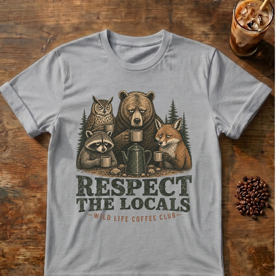 Raccoon coffee graphic for Respect the Locals Coffee Club on sport-grey T-shirt