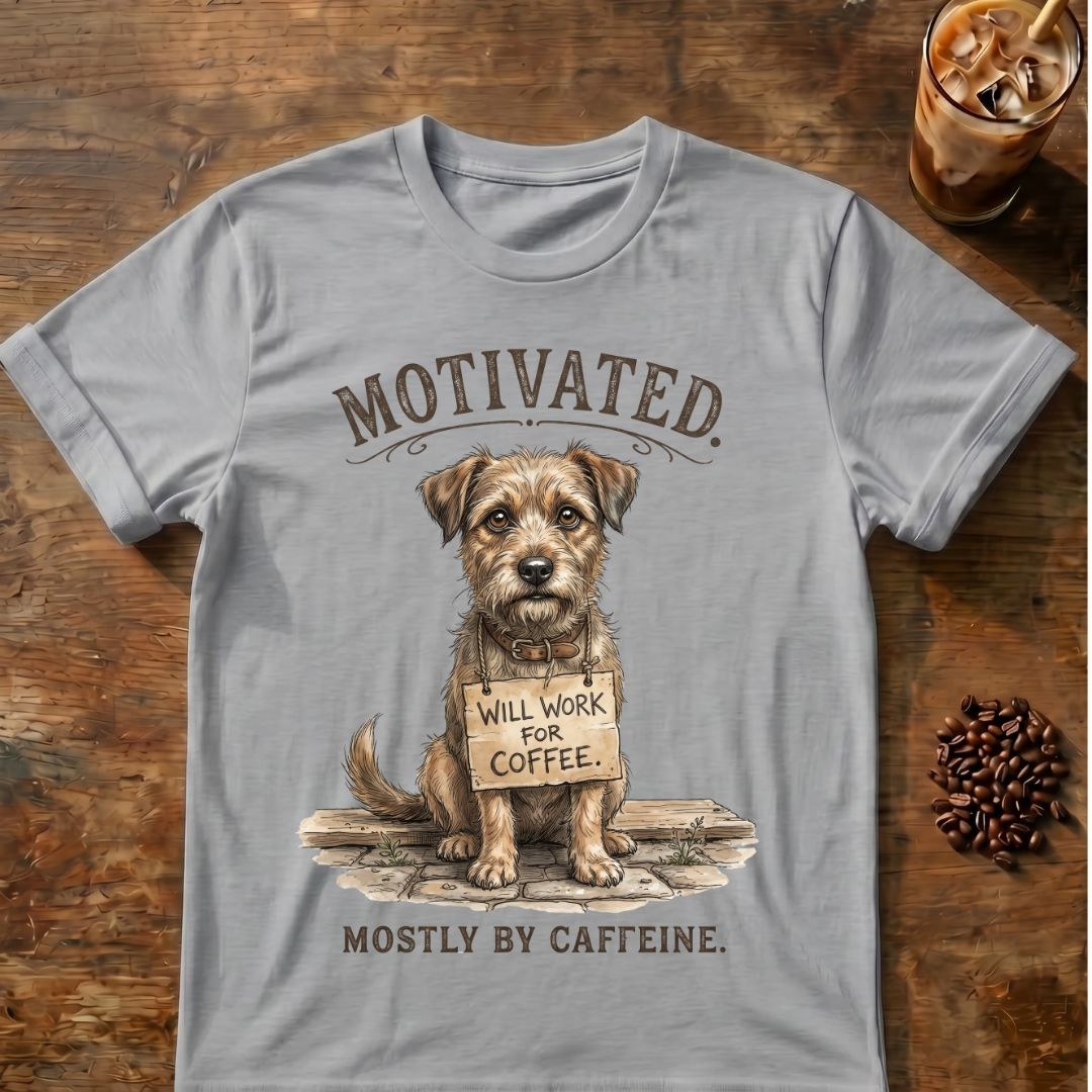 Dog “Will Work for Coffee” graphic on a Sport Gray T-shirt