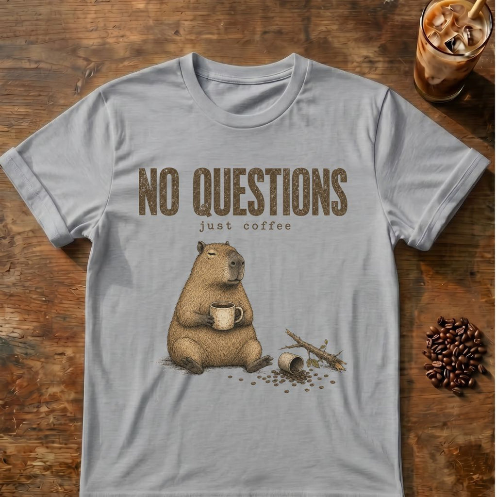Capybara coffee graphic for No Questions Capybara on sport-grey T-shirt