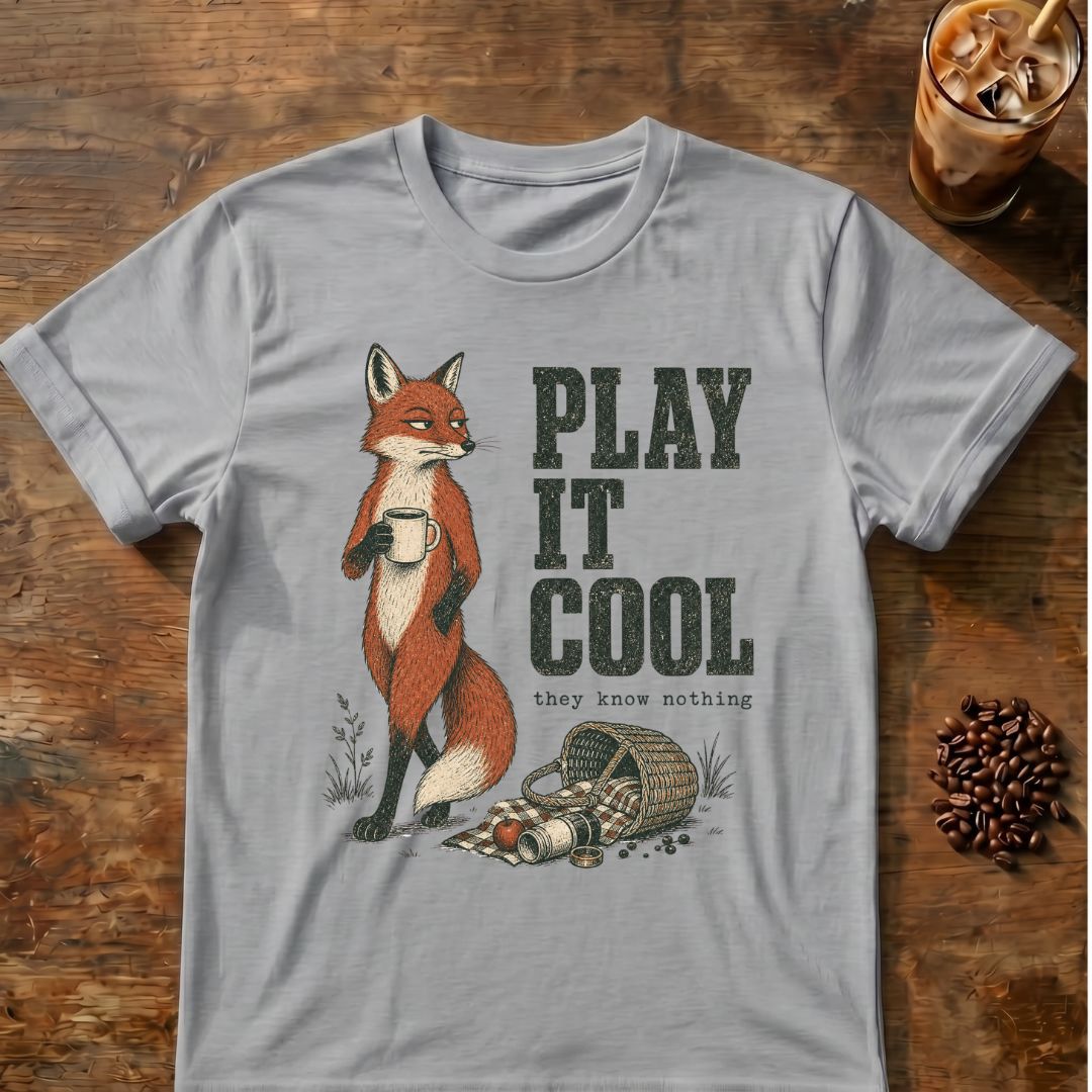 Fox coffee graphic for Play It Cool Fox on sport-grey T-shirt