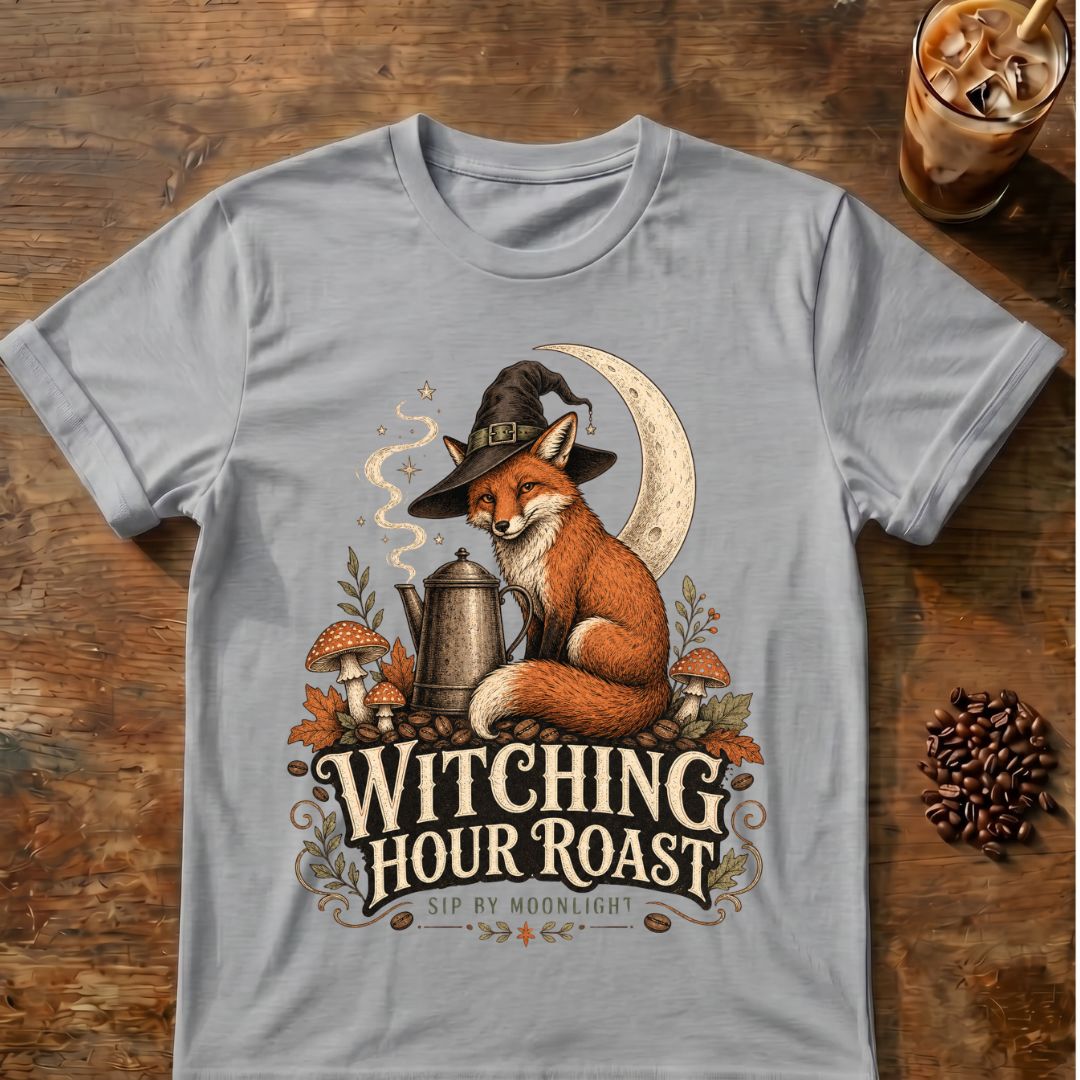 Fox coffee graphic for Witching Hour Roast Fox on sport-grey T-shirt