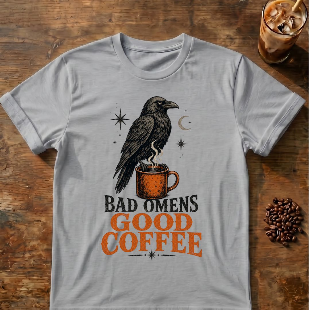 Raven coffee graphic for Bad Omens Good Coffee Raven on sport-grey T-shirt