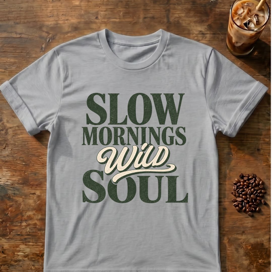 Coffee graphic for Slow Mornings Wild Soul on sport-grey T-shirt