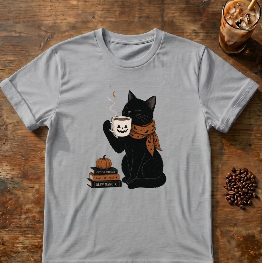 Cat coffee graphic for Halloween Black Cat Coffee on sport-grey T-shirt