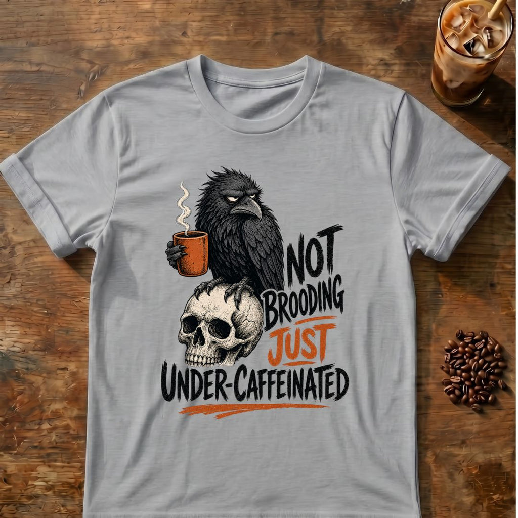 Raven coffee graphic for Not Brooding Raven on sport-grey T-shirt