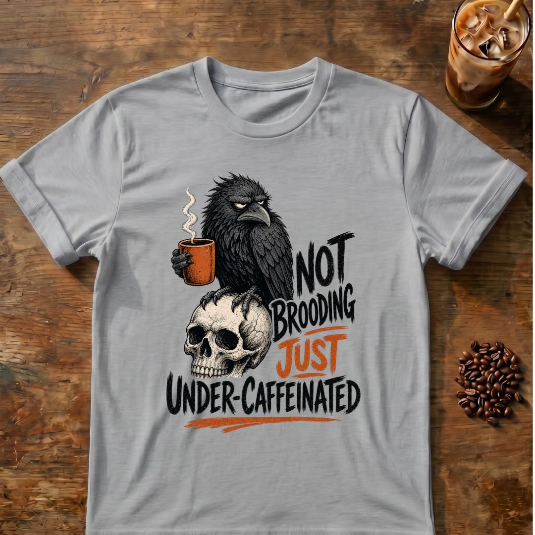 Raven coffee graphic for Not Brooding Raven on sport-grey T-shirt