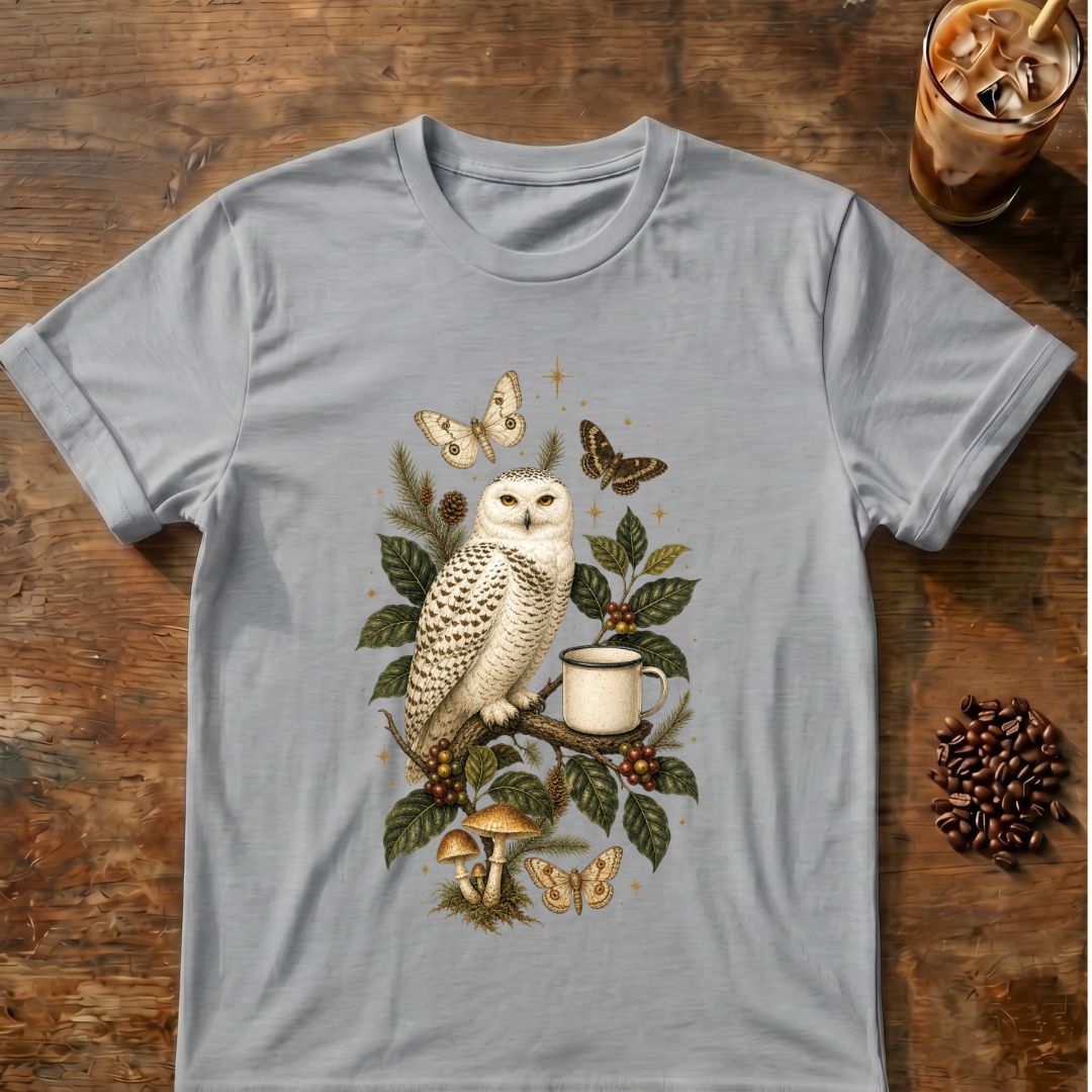 Butterfly coffee graphic for Snowy Owl Coffee Botanical on sport-grey T-shirt